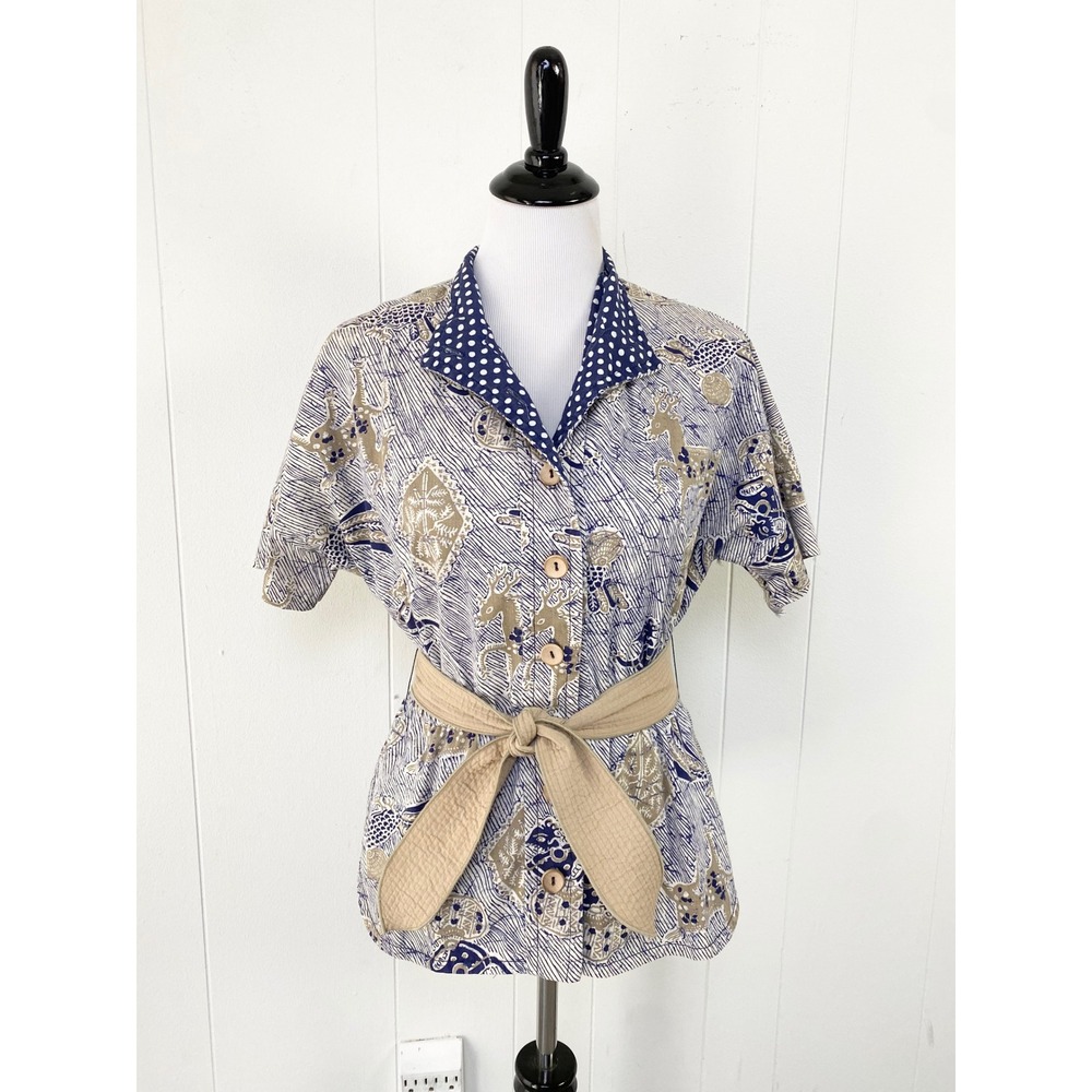 VTG HearSay Batik Animal Print Short Sleeve Belted Button Up Top Blue Tan Sz S/M - Picture 2 of 13